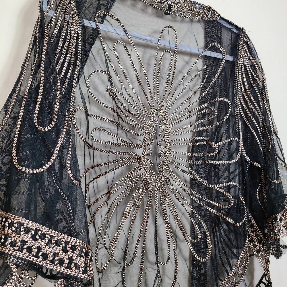 Black Gold Embroidered Sheer Womens S/M Shrug‎ Art Deco Mesh Gatsby 1920s Boho - Picture 10 of 11
